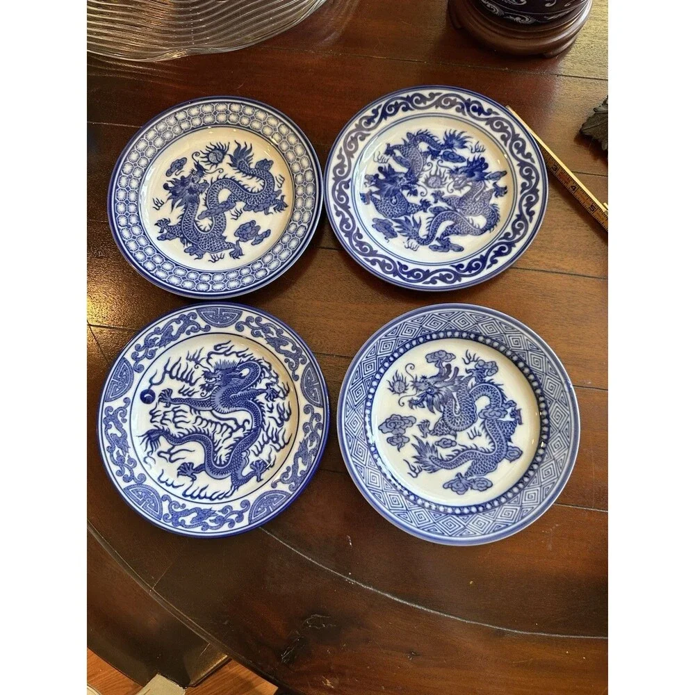 Blue & White China Dragon Motif Plates Bombay Asian Garden Pattern Set Of 4
